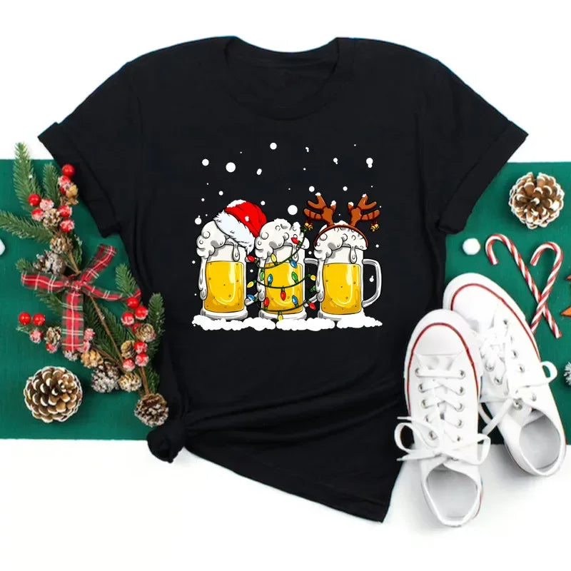Women’s Christmas Wine Glass T-Shirt | Funny Holiday Black Tee Xmas Gift Top 2025