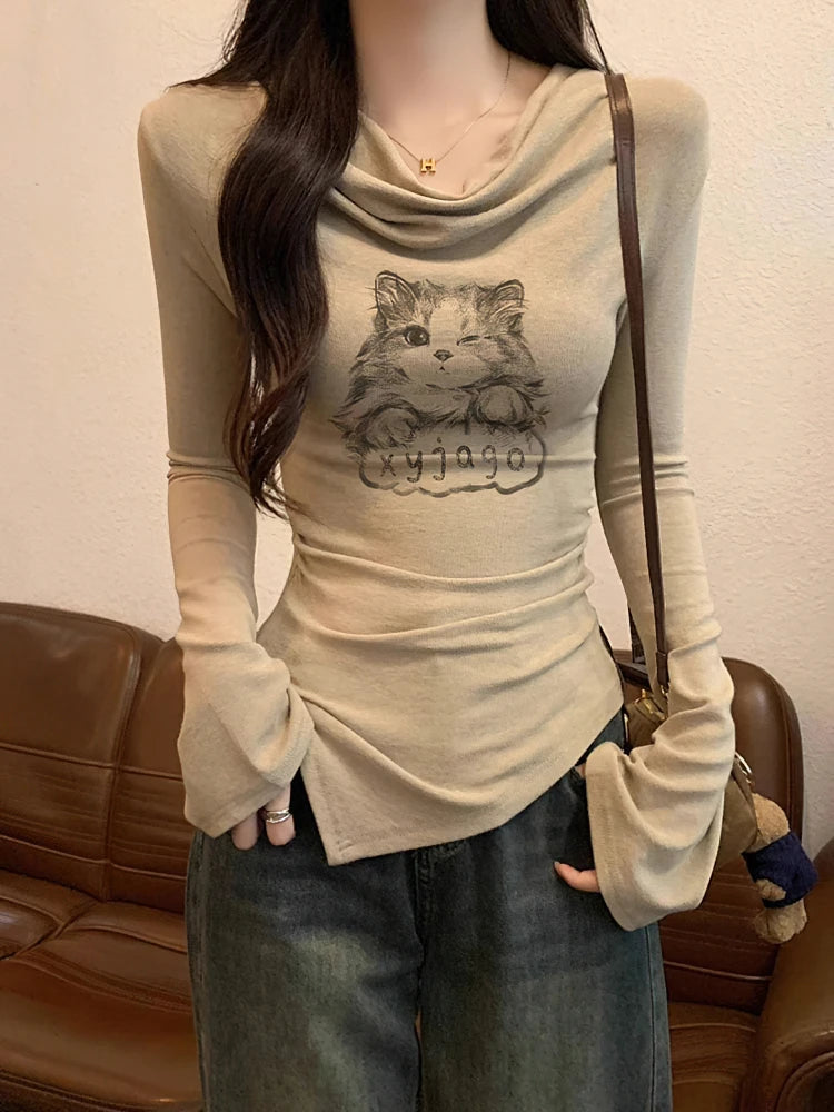 Y2K Cat Long Sleeve Women’s T-Shirt – Luxury Korean Off-Shoulder Slim Casual Top 🐱✨