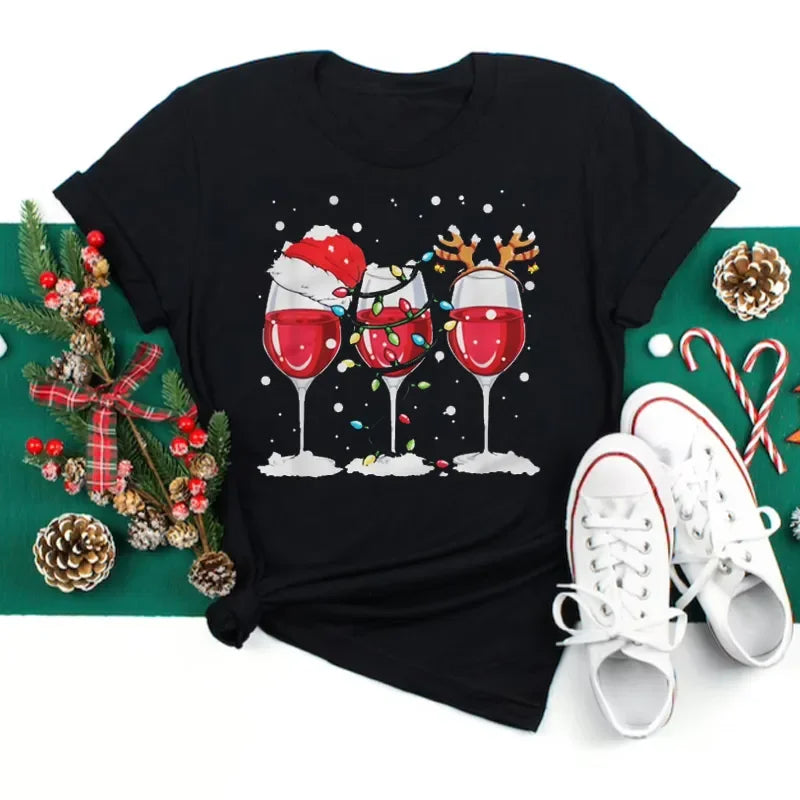 Women’s Christmas Wine Glass T-Shirt | Funny Holiday Black Tee Xmas Gift Top 2025
