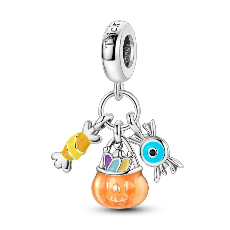 925 Sterling Silver Halloween Series Charms | Pumpkin, Witch, Skull & Candy Beads Fit Original Bracelet DIY Jewelry