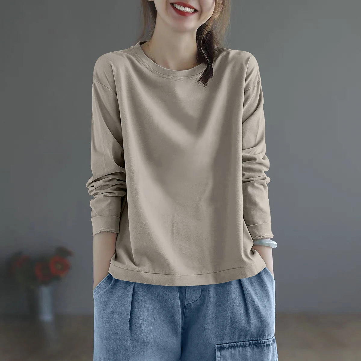 100% Cotton Long Sleeve T-Shirt | Women’s Casual Loose Slimming Top | Autumn Round Neck Fashionable Tee