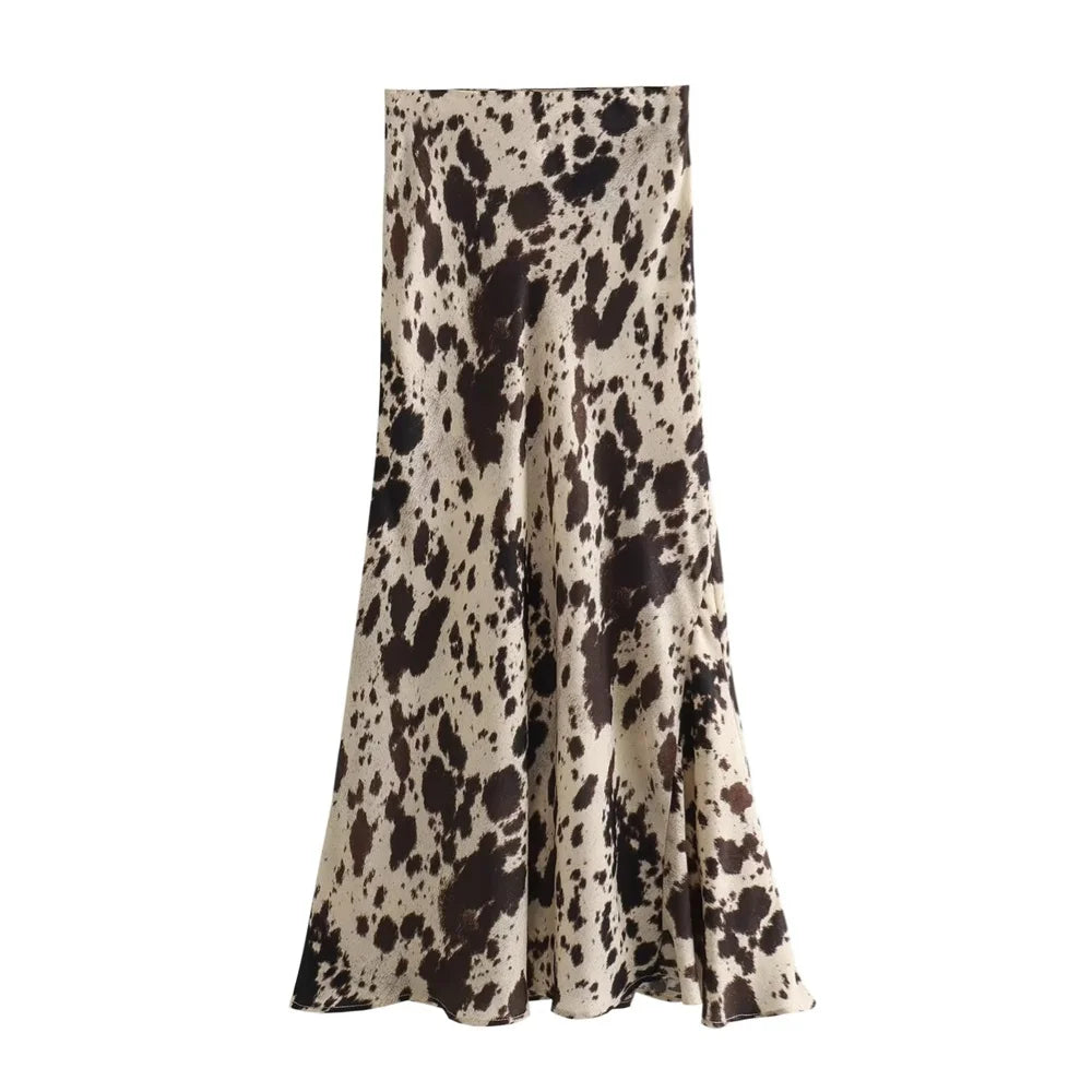 2024 Spring Summer Women’s High Waist Animal Print Silk Satin Midi Skirt | Fashion Niche Skirt
