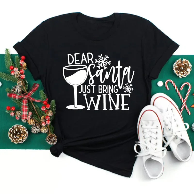 Women’s Christmas Wine Glass T-Shirt | Funny Holiday Black Tee Xmas Gift Top 2025