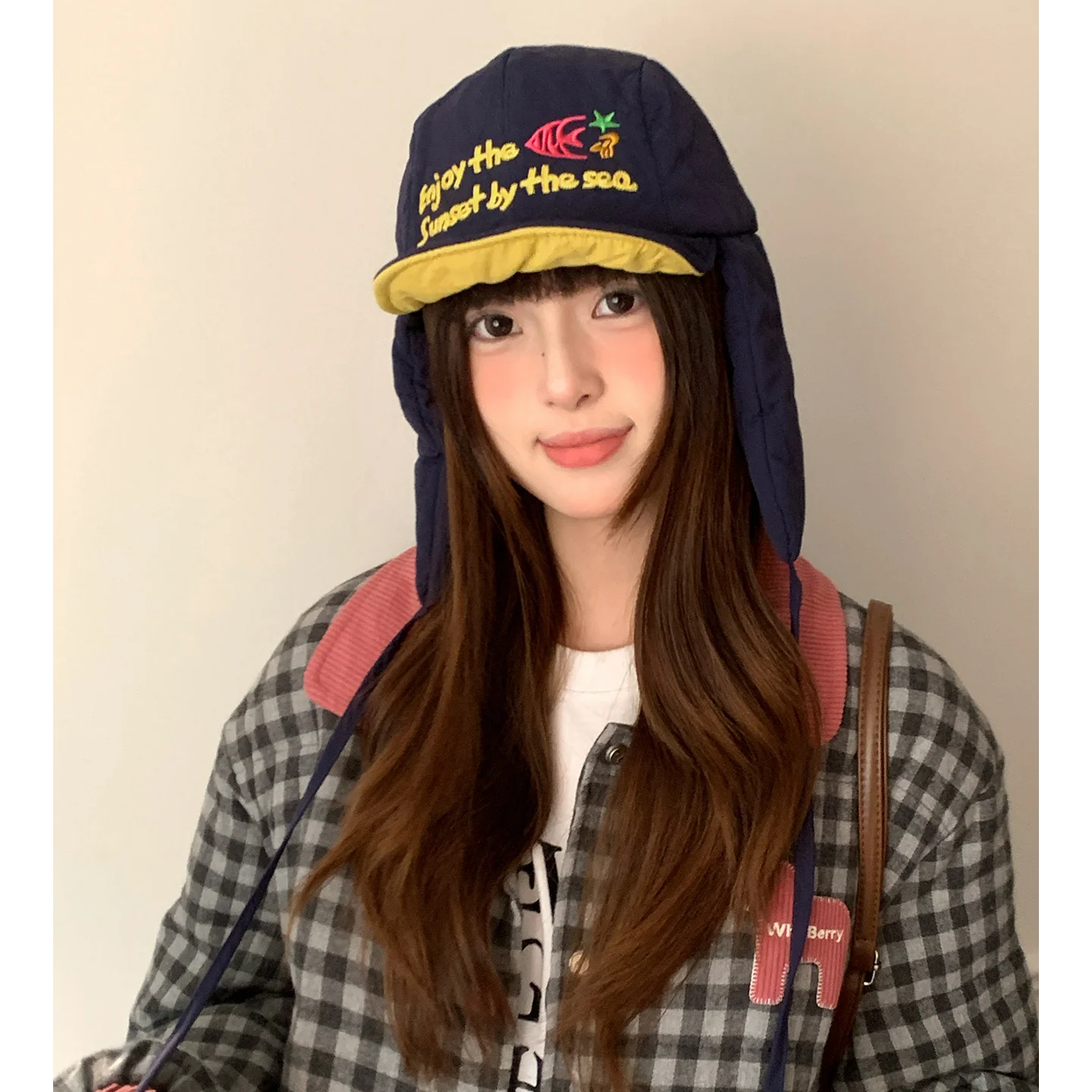 Korean Cute Alphabet Embroidery Thickened Lei Feng Hat Women's Winter Outdoor Cycling Warm Ear Hat Ski Hat