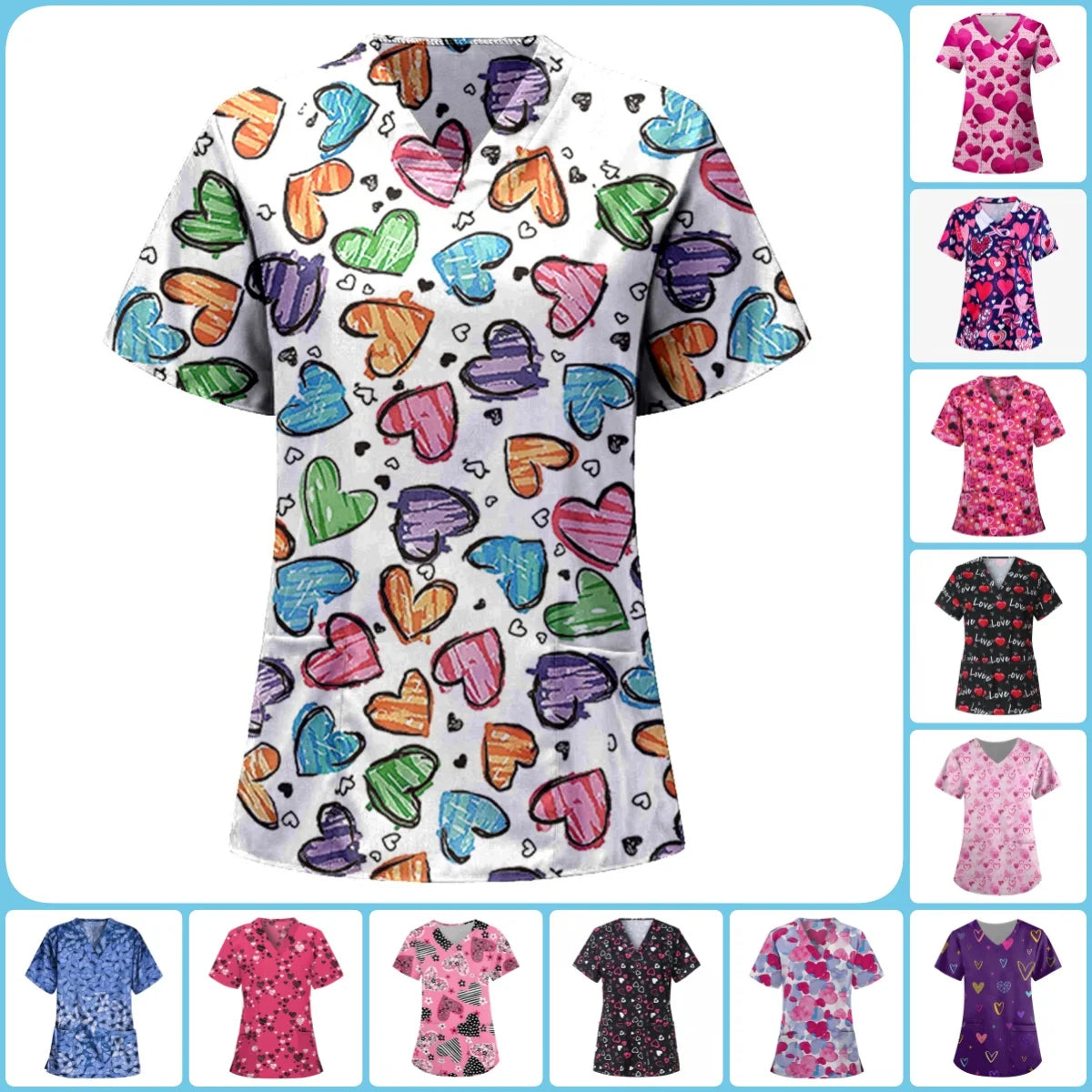 Women’s Heart Print Medical Top ❤️ V-Neck Short Sleeve Nursing Uniform ✨