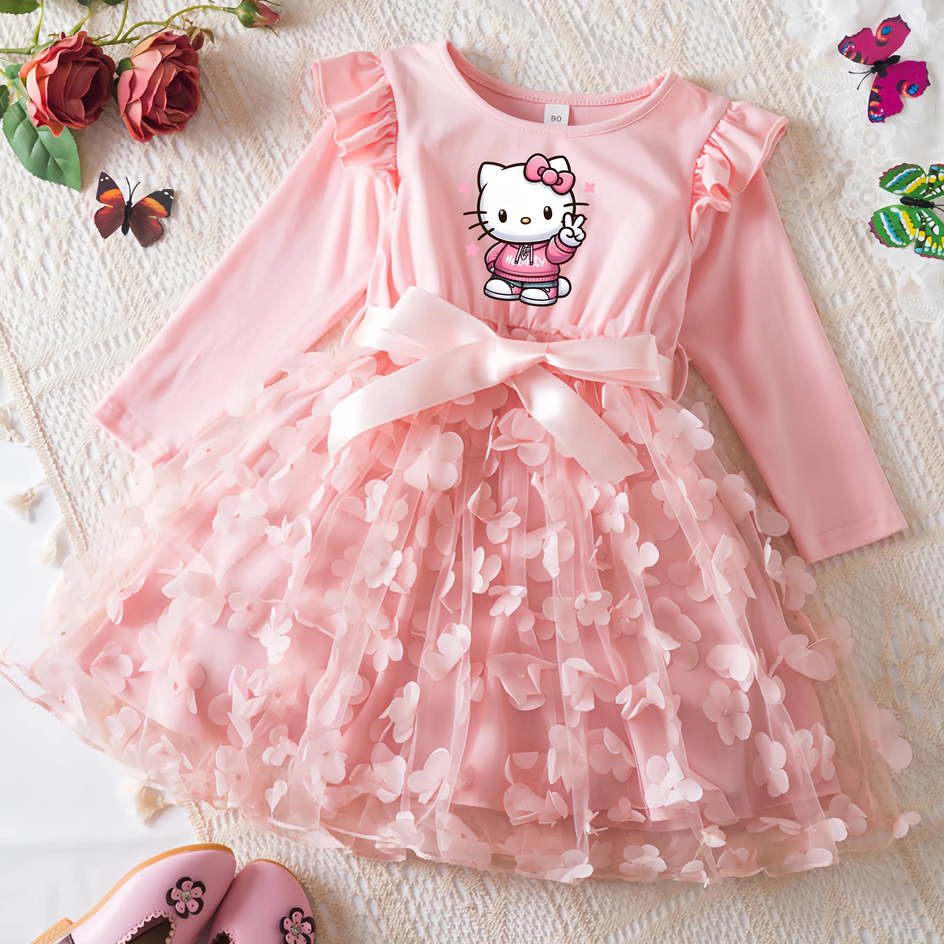 Hello Kitty Fall Girl Dress 3D Butterfly Casual Dresses Kids Birthday Princess Dress Long Sleeve Baby Girls Clothes 2-6Y