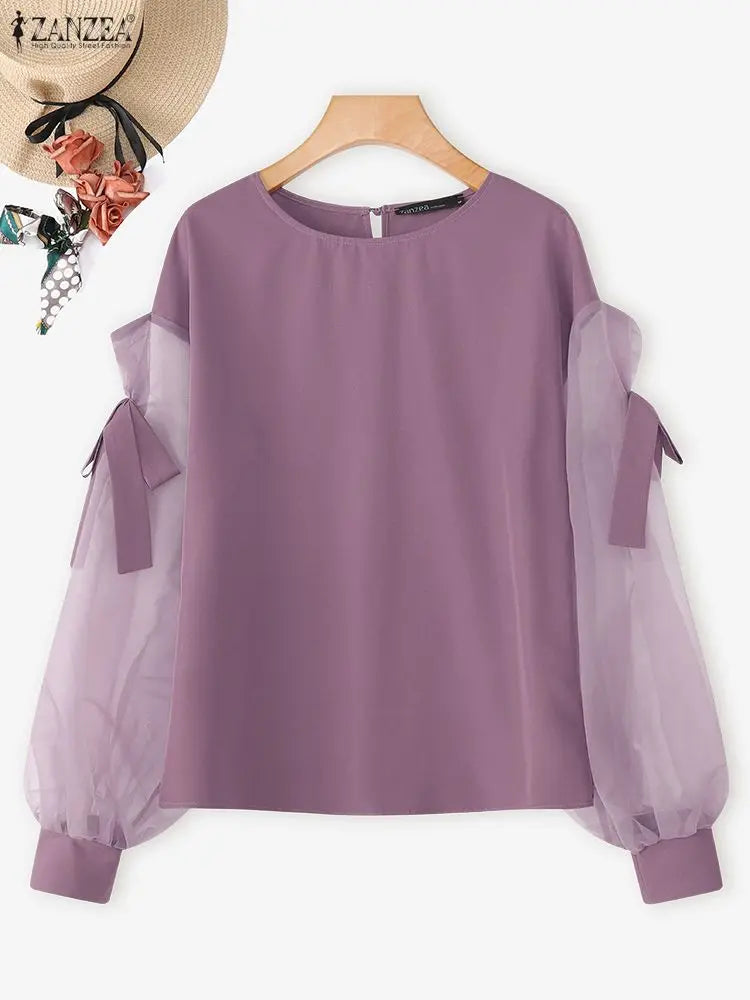 ZANZEA 2025 Women’s Elegant Blouse – Bow Mesh Patchwork Long Lantern Sleeve 👚✨