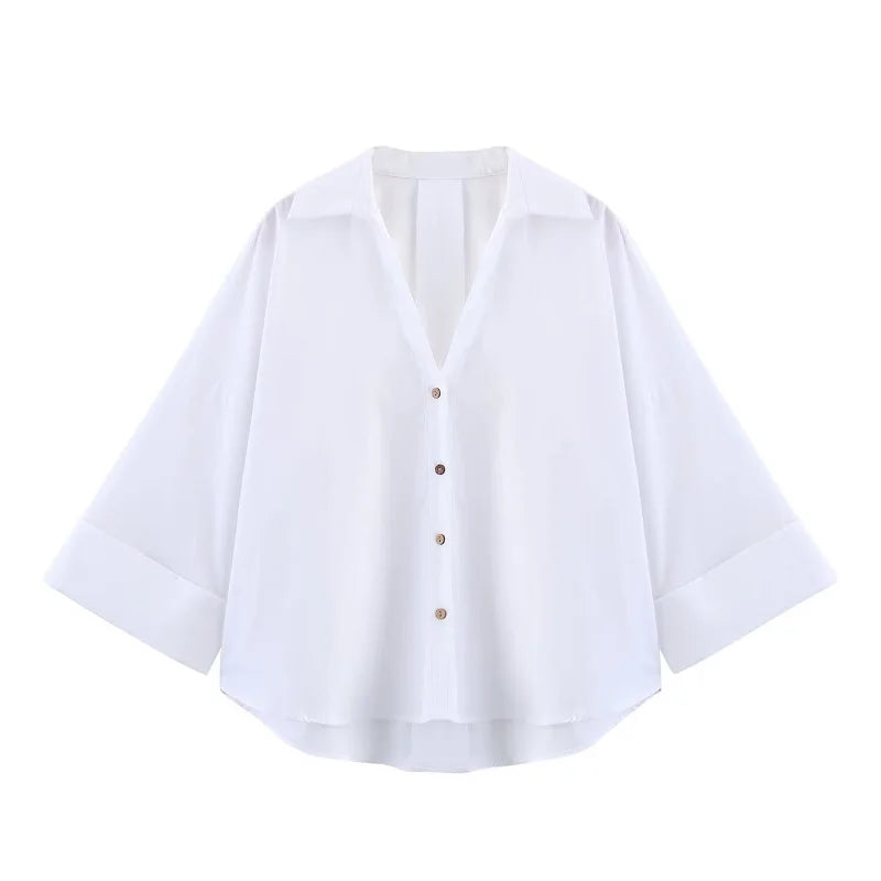MUJER 2025 Oversized Striped Shirt for Women – Casual Wide Sleeve White Blue Summer Blouse Trendy Loose Top 👕✨