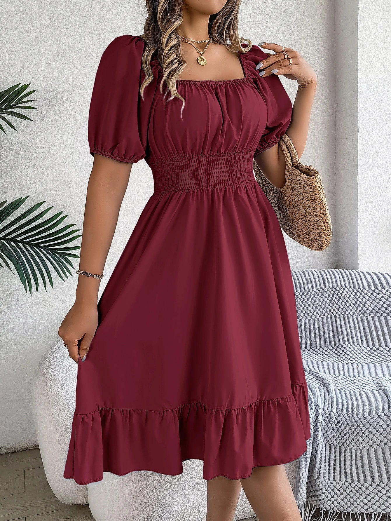2026 Women’s Elegant High-Waisted Dress – Square Neck, Short Sleeve, Ruffled Edge Long Dress | Spring Summer Valentine’s Day