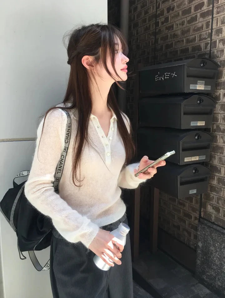 Sweet Soft Button-Up Knitted Sweater for Women | Loose Fit Flip Collar Knitwear | Comfortable Autumn Pullover