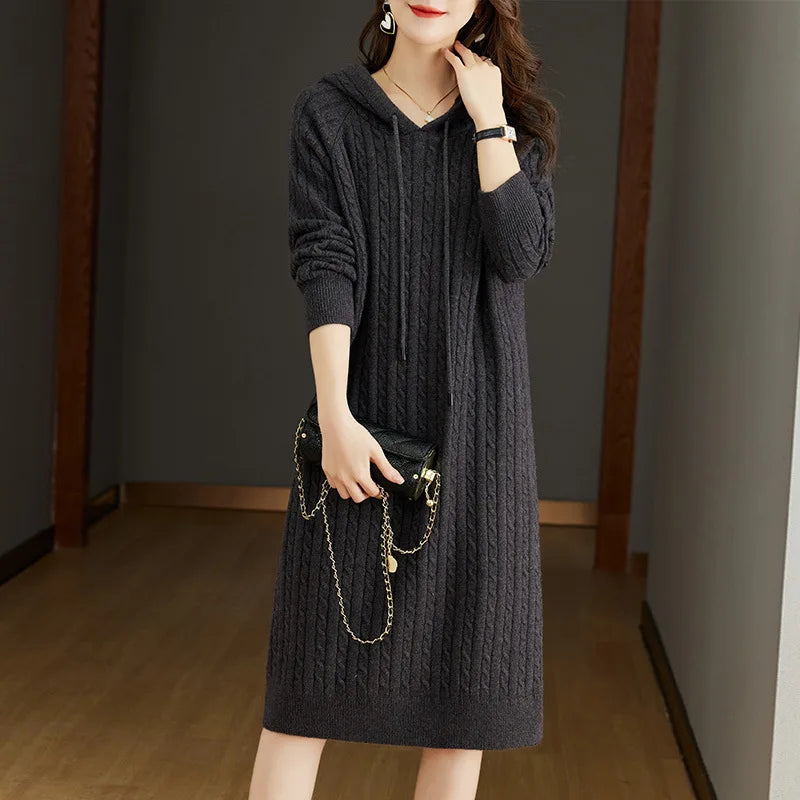 Autumn Winter Women’s Thickened Hooded Sweater Dress – Loose Long Sleeve Knitted Dress for Warm Comfort