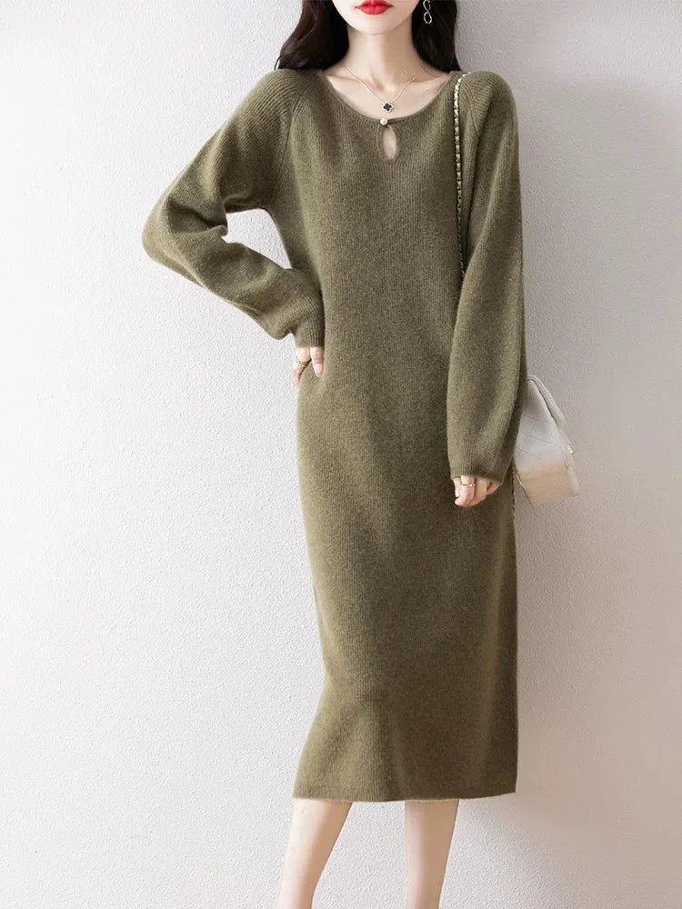 Loose Knitted Sweater Dress for Women – Round Neck Long Sleeve Casual Autumn New Arrival Elegant Fashion Dress