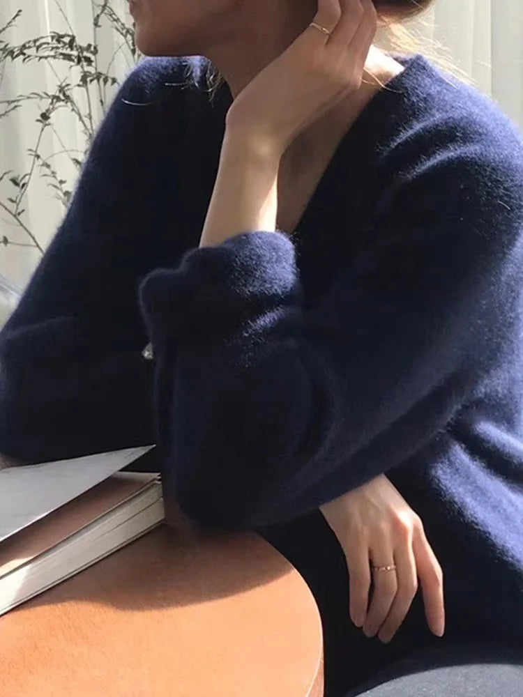 Women’s V-Neck Knitwear – Retro Japanese Style Loose Fit Long Sleeve Crew Neck Top | Spring & Autumn 2025