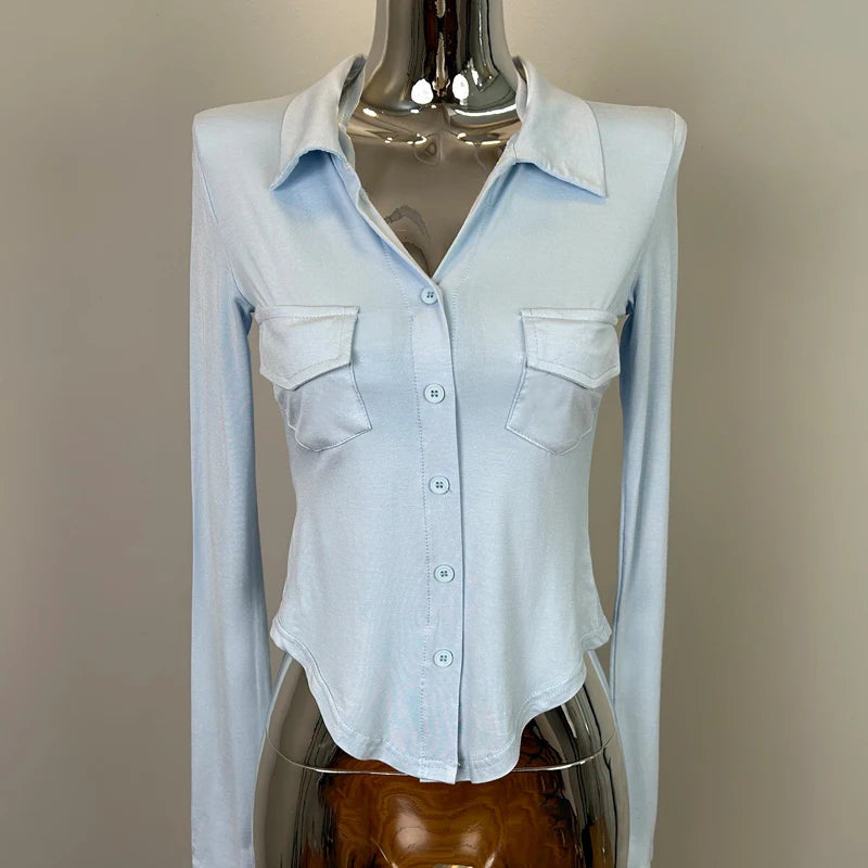 Sexy Button-Up Slim Fit Blouse – Women’s Early Autumn Korean Style Double Pocket Swing Top