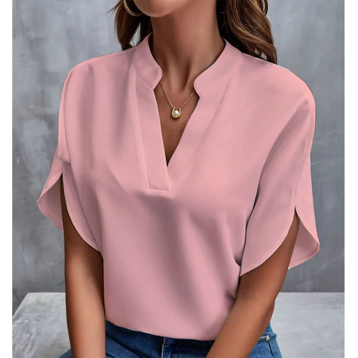 VEITCHE Summer Women Casual Solid Blouse – V-Neck Half Sleeve Office Elegant Loose Pullover Tops 🌸✨
