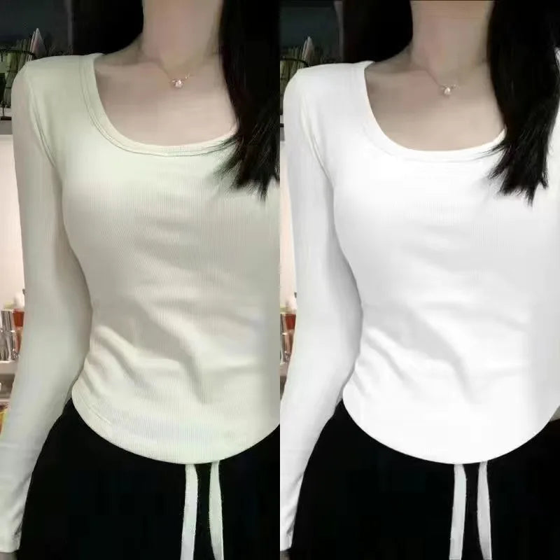 Women's Fleece-Lined Long Sleeve T-Shirt ❄️ Sweet Slim Fit U-Neck Top 👚 Autumn Winter Warm Fashion