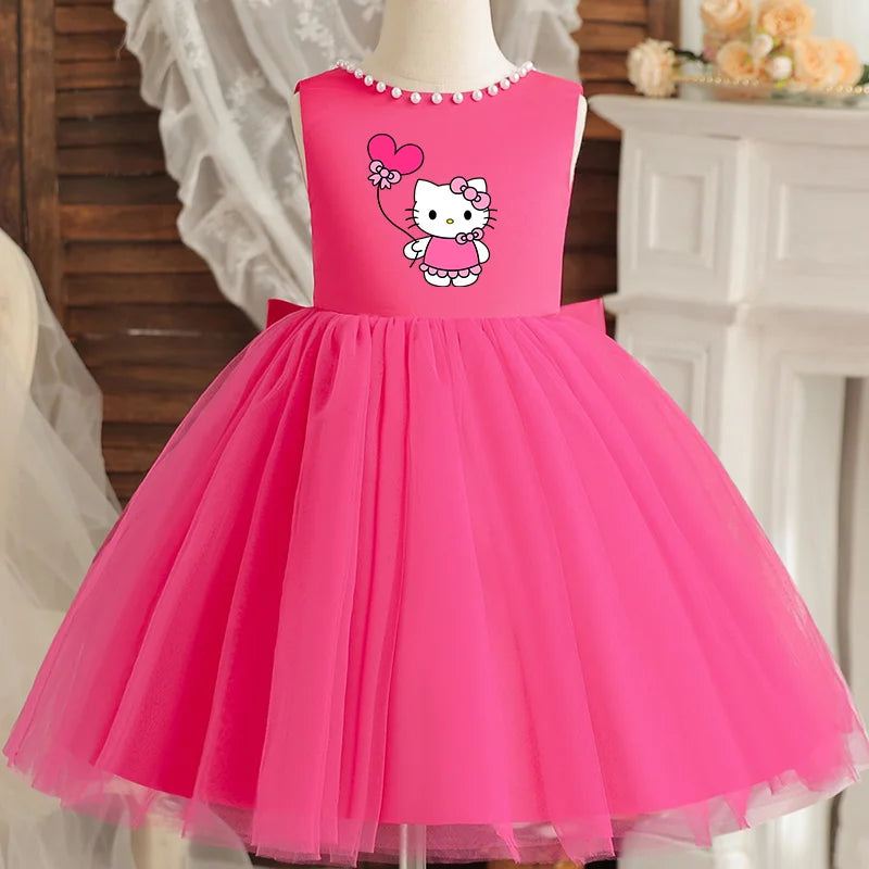 Hello Kitty Kids Pearls Elegant Princess Dress for Girls Backless Bow Baby 1st Birthday Baptism Tutu Gown Wedding Dress