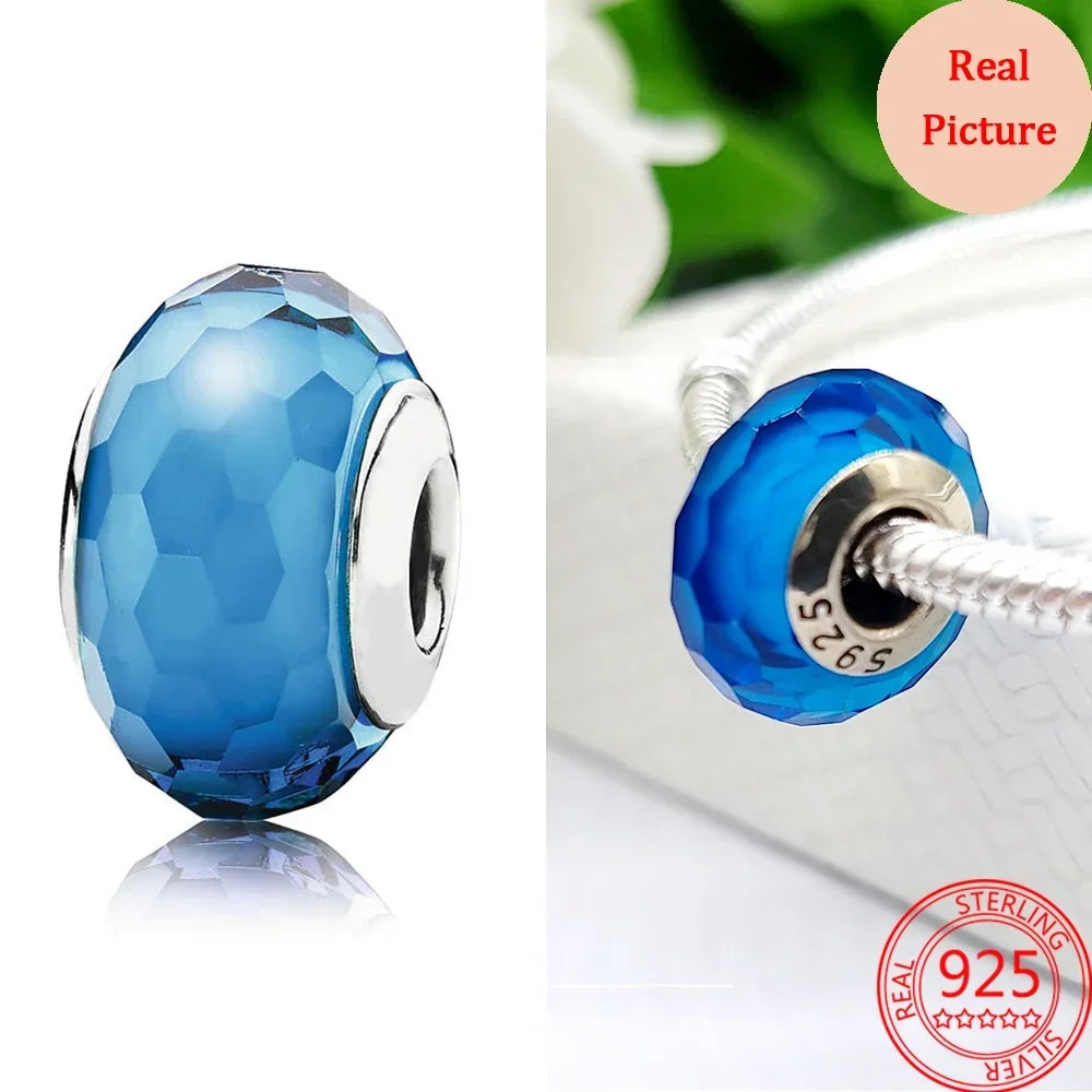 925 Sterling Silver Murano Glass Galaxy & Clover Heart Beads | Fit Pandora Bracelet DIY Jewelry Gift for Mum