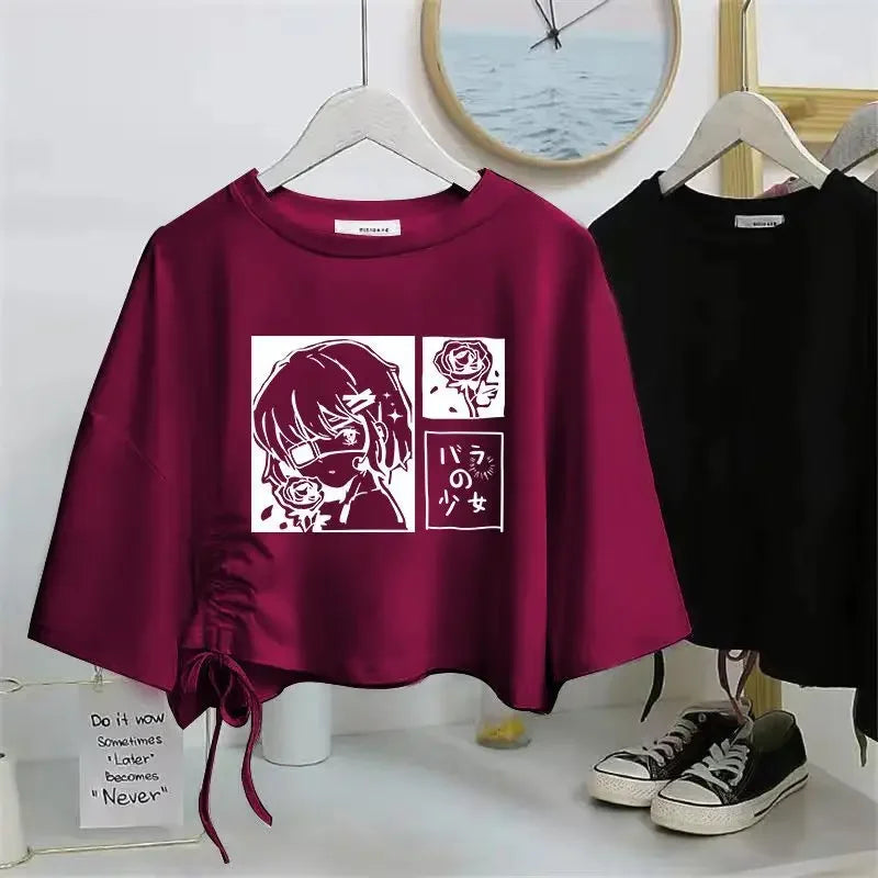 Women’s Drawstring Cotton T-Shirt | Loose O-Neck Drop Sleeve Pullover | Spring Summer Casual Solid Knit Top