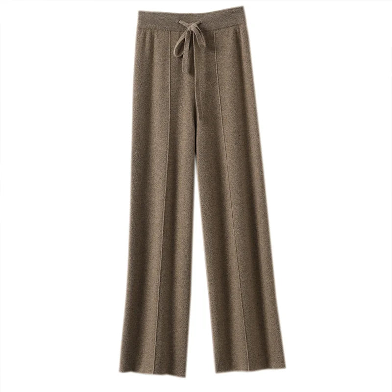 High Waist Knitted Wool Wide Leg Pants – Extended Length Drawstring Casual Loose Slimming Trousers for Autumn & Winter