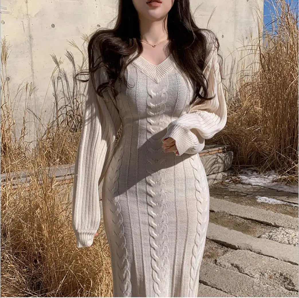 Women's V-Neck Knitted Sweater Bodycon Dress – Autumn Winter Long Lantern Sleeve Slim Fit Fashion Dress