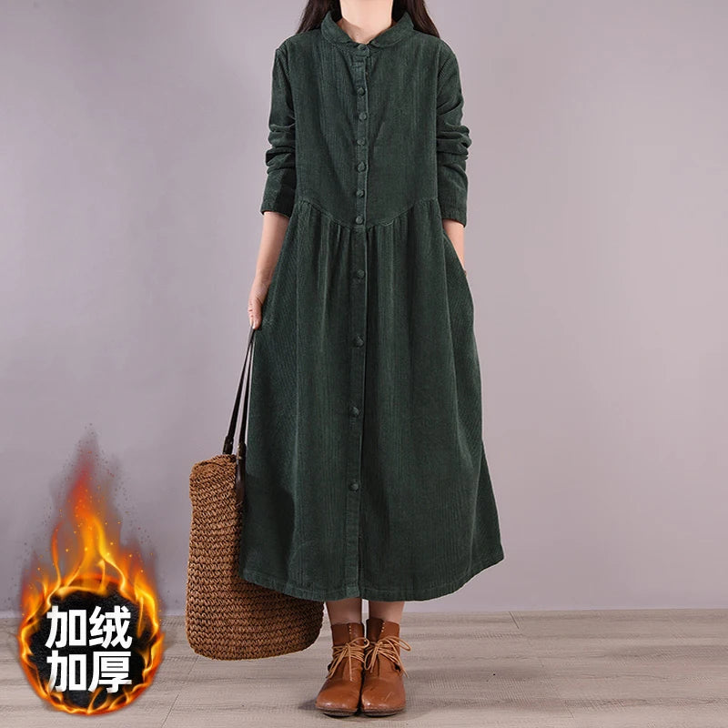 Retro Japanese Style Long Sleeve Corduroy Dress – Thick Fleece-Lined A-Line Winter Dress for Women | Solid Color