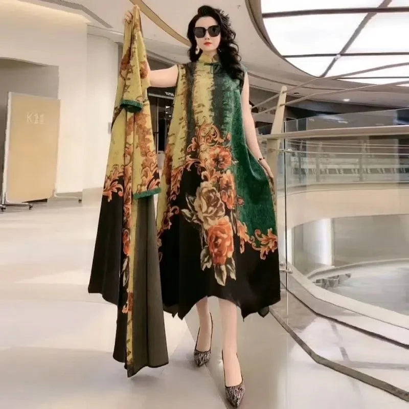 Middle-Aged Women’s Summer Dress Suit – Casual Two-Piece Printed Long Dress Set | Elegant Temperament Outfit
