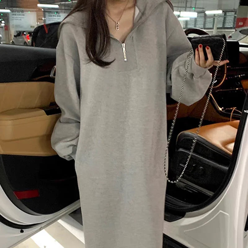 Women’s Winter Collar Zip Dress – Loose Lazy Long Sleeve H-Line Polyester Dress with Zipper, Commute Casual Wear