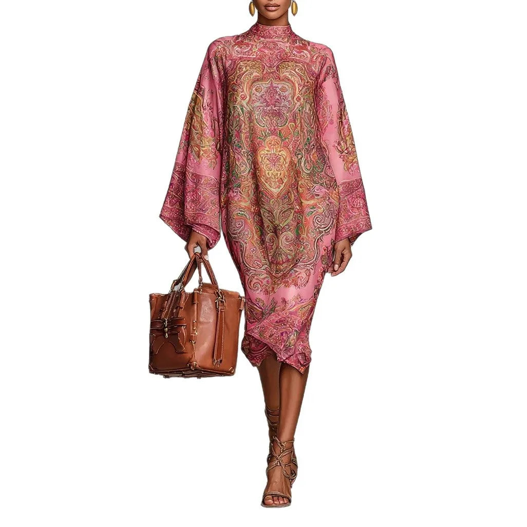 Fashion Print Long Dress for Women – 2025 Autumn Long Sleeve Loose Half High Collar Maxi Dress | Elegant Robe Femme