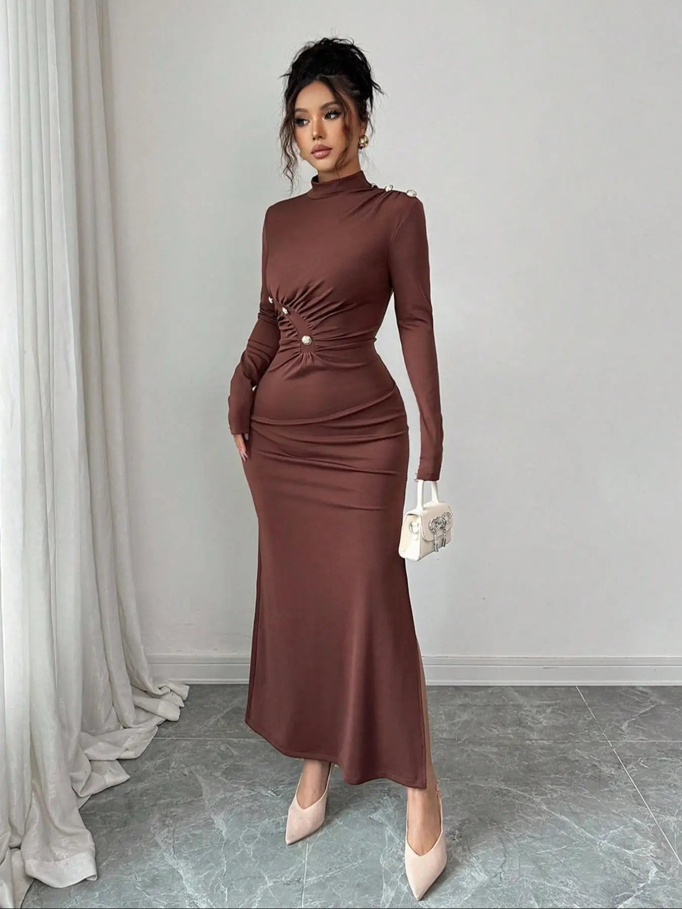 Women's Long Sleeve Dress – Casual Fitted Plain Design, Comfortable All-Season Spring, Autumn & Winter Wear