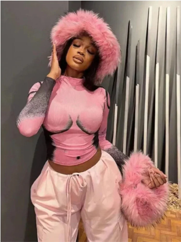 Body Portrait Printed Slim Fit Top | Women’s Long Sleeve Round Neck T-Shirt | Sexy Pink Autumn Streetwear