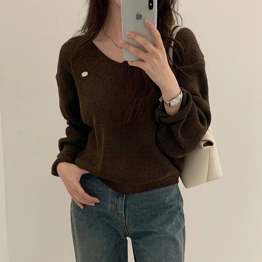 Loose Women’s Knitwear V-Neck Long Sleeve T-Shirt – Casual Comfortable Fashionable Autumn Top New Arrival