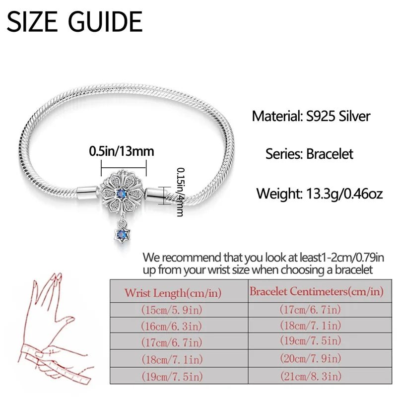 925 Sterling Silver Heart Moon Sun Clasp Charm Bracelet | 17–20CM Original Bracelet for Women | Fits Pandora DIY Beads Jewelry