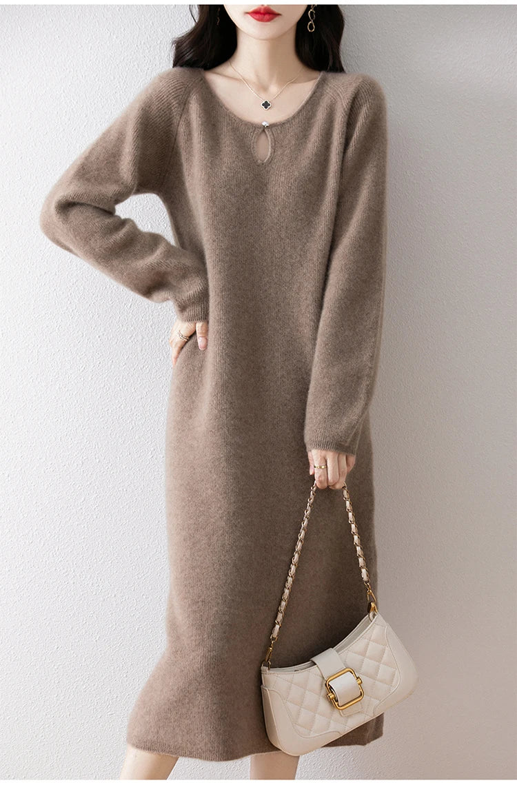 Loose Knitted Sweater Dress for Women – Round Neck Long Sleeve Casual Autumn New Arrival Elegant Fashion Dress