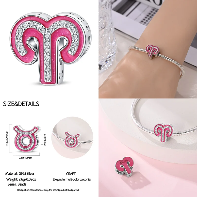 925 Sterling Silver Pink Zircon 12 Zodiac Signs Charms | Fit Original Pandora Bracelets DIY Jewelry Gift for Women