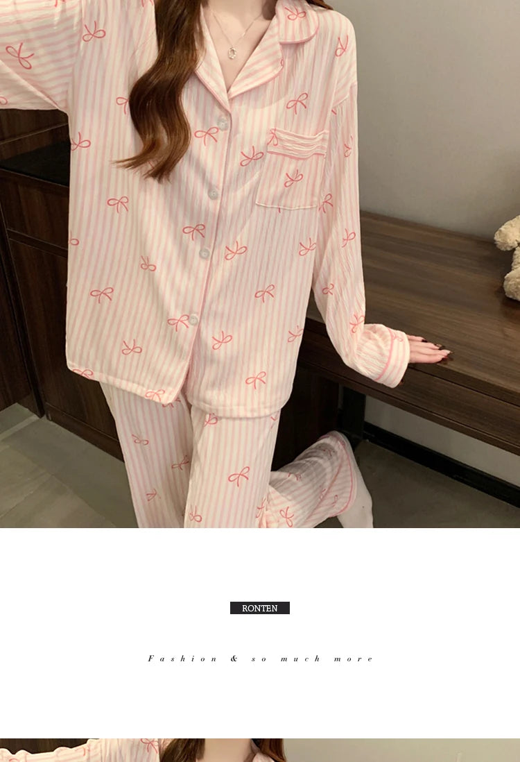 🌸 Pink Bow Pajamas Set for Women 💖 Long Sleeve Top & Elastic Waist Pants 🛌 Harajuku Style Casual Home Wear