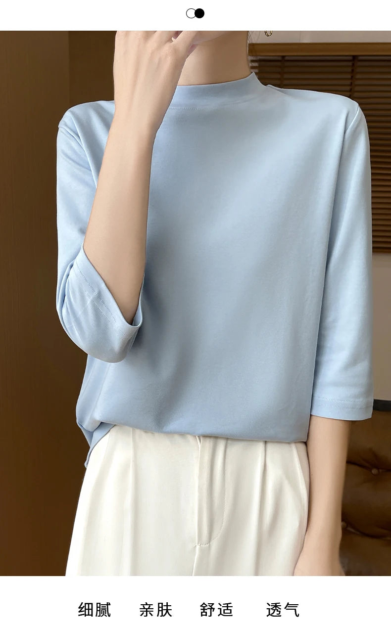 Women’s Cotton T-Shirt | Semi-High-Neck Cropped Sleeve Top | Loose Solid Color Summer & Autumn Bottoming Tee