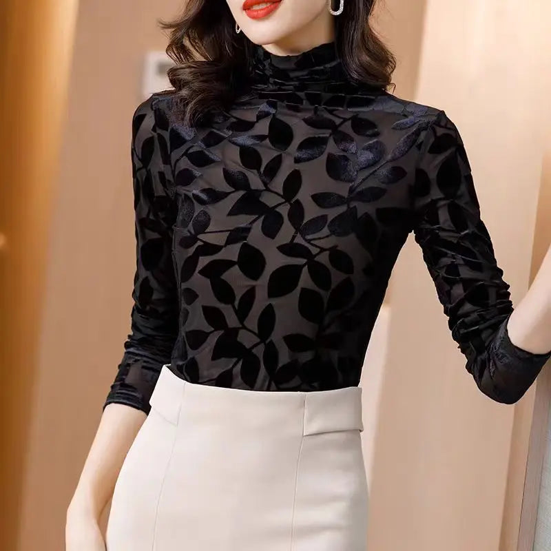 2026 Spring High Collar Women’s Mesh T-Shirt – Korean Flocking Flower Sexy Long Sleeve Top 🌸✨