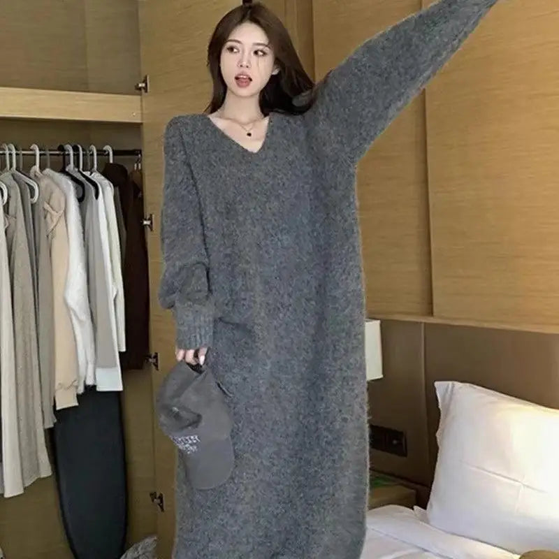 Ladies’ Thick Long Knitted Dress | Korean Style Loose Waist V-Neck H-Line Base Layer Dress | Autumn Winter New Arrival
