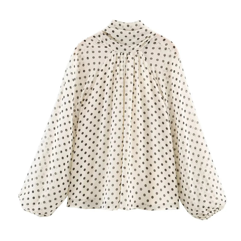Women’s Polka Dot Shirt – Beige/Brown High Neck Puff Sleeve Casual Loose Top Fashion Commuter Style 🌿✨
