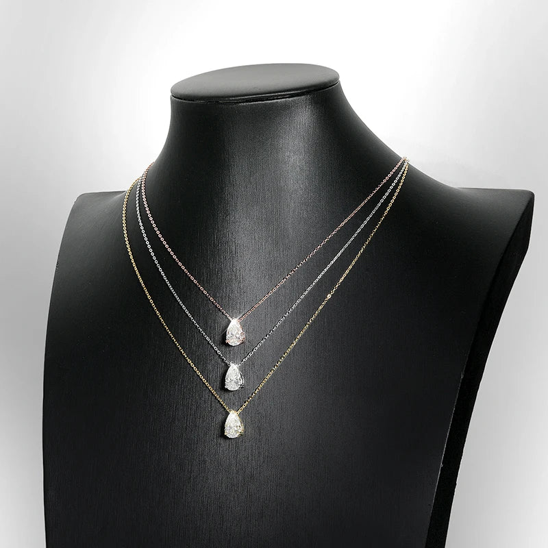 EWYA Solitaire Pear Cut Moissanite Diamond Pendant Necklace 1-5CT D Color 925 Silver 18K Rose Gold Chain for Women