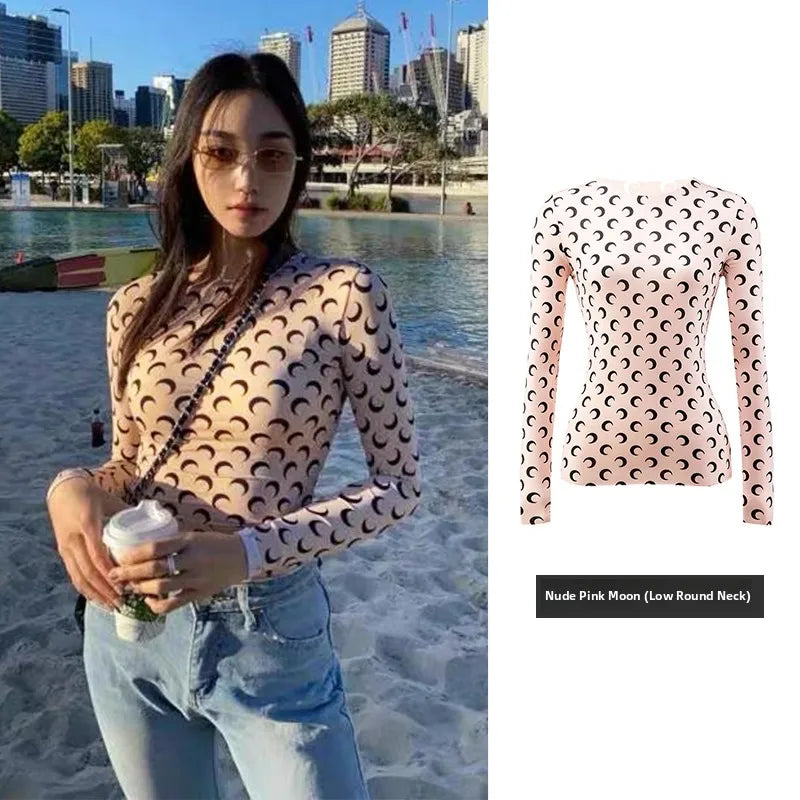 American Retro Women’s Two-Piece Set – Ice Silk Top & Pants with Moon Print Long Sleeve 🌙✨