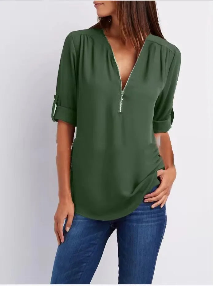 2025 Women’s Chiffon Blouse | Sexy Deep V-Neck Zipper Pullover Loose Fashion Top Plus Size