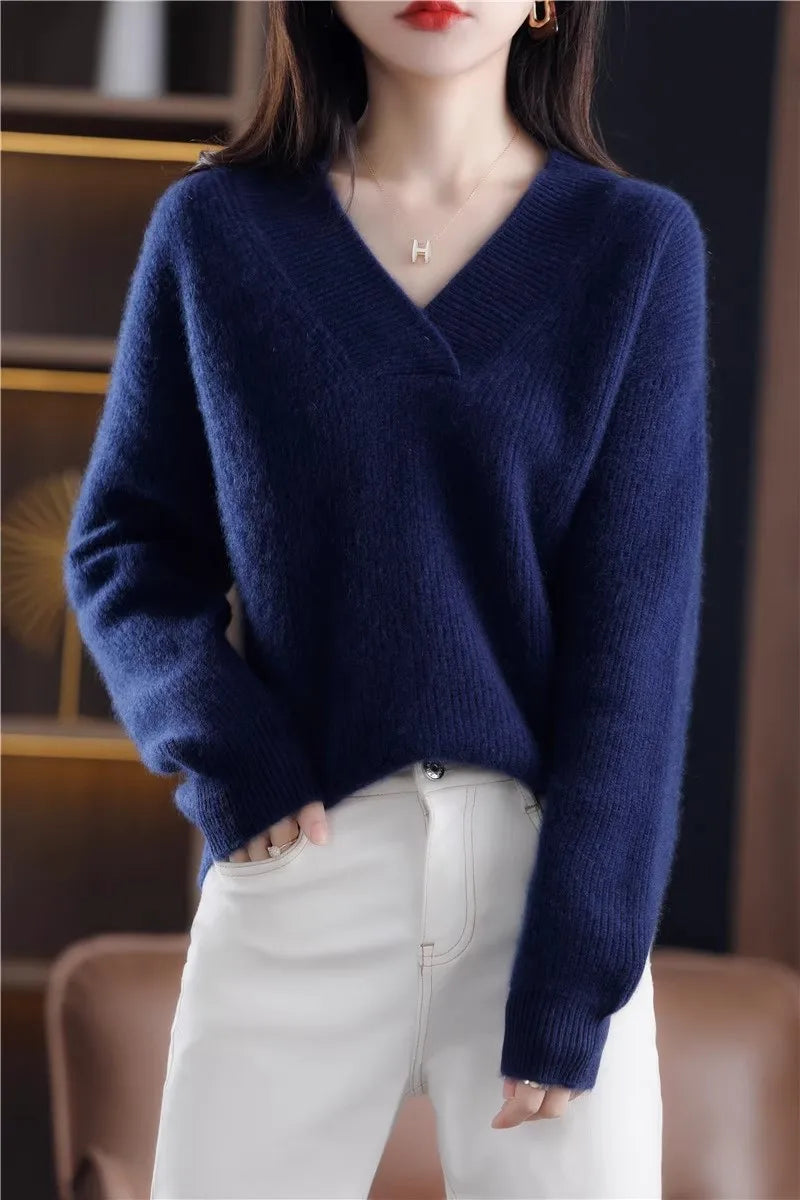 Autumn Winter Women’s V-Neck Knit Sweater – Solid Loose Pullover Soft Warm Casual Top