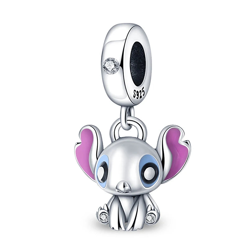 Disney 925 Sterling Silver Mickey, Winnie & Stitch Charm – DIY Pendant Beads for Original Bracelets