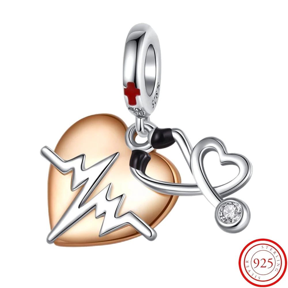 2025 Hot Sale 925 Sterling Silver Heartbeat & Stethoscope Dangle Charm Bead | Fit Pandora Bracelet