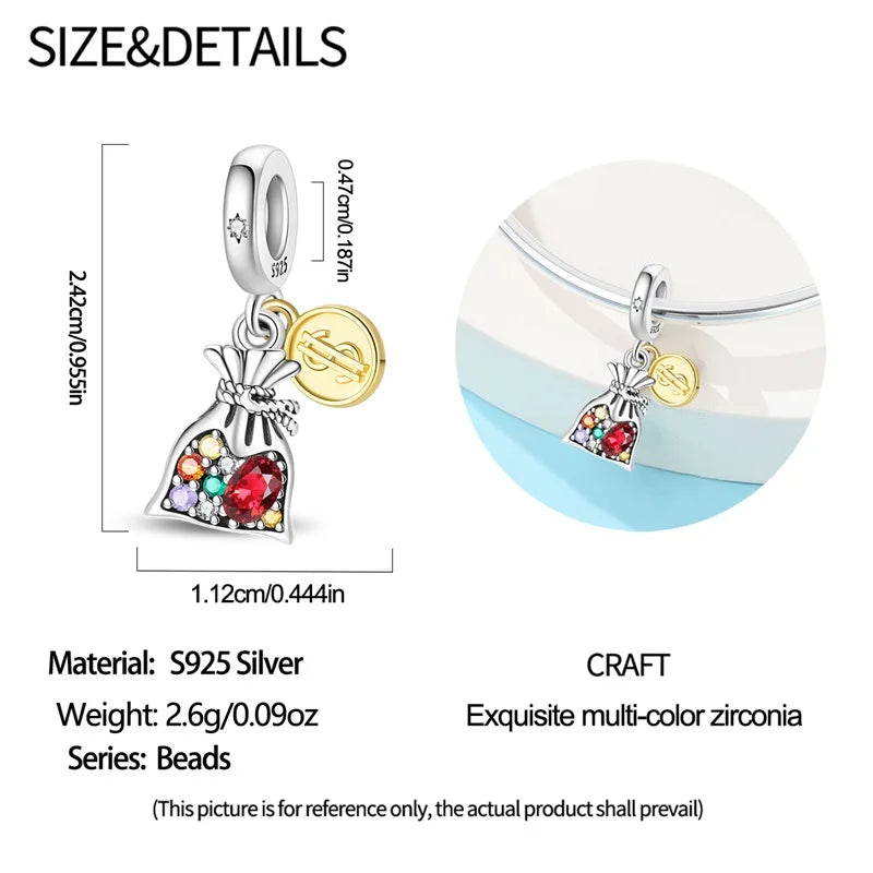 925 Sterling Silver Dollar Money Bag Charms | Wealth Freedom Rich Pendant Beads Fit Original Bracelet DIY Jewelry