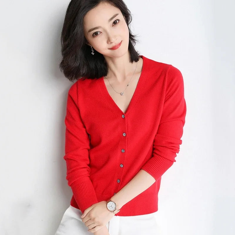 Women Cardigans V-Neck Long Sleeve Knitted Outerwear – Korean Fashion Solid Thin Spring Autumn Sweater