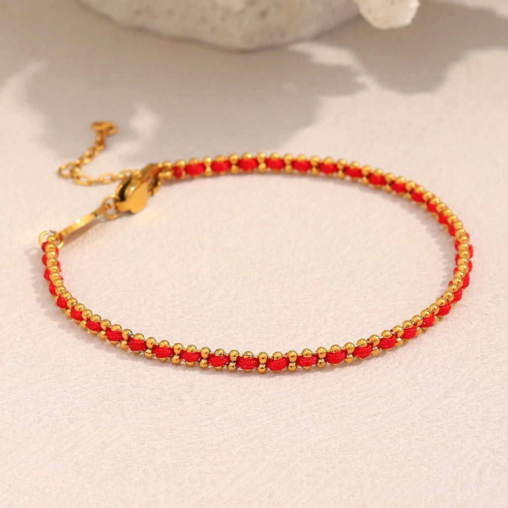 E.B.belle Lucky Red Rope Bracelet | 18K Gold Plated Stainless Steel Round Beads Unisex Fashion Jewelry Gift