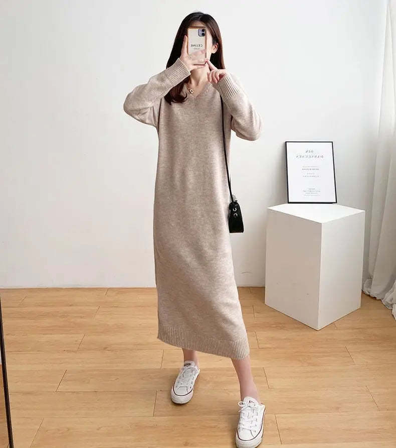 Ladies’ Knitted V-Neck Dress – Loose Fit Base Layer Skirt, Casual Straight Tube Korean Style Autumn Winter Dress